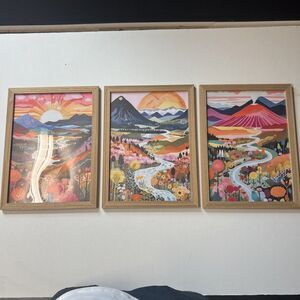 Wood Frame Boho Colorful Wall Art, Set of 3 Abstract Mountain Landscape Wall ...